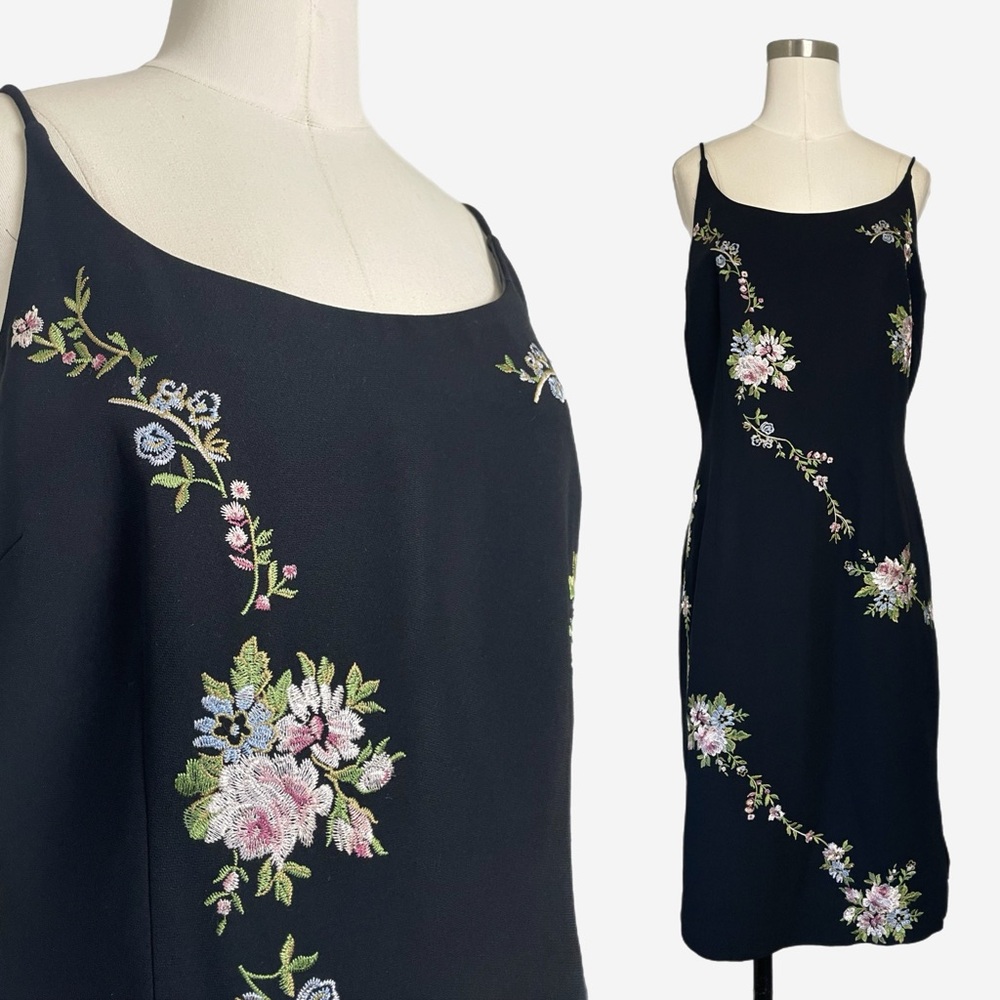 Vintage Y2K Dressbarn Black sheath floral embroidered strappy dress romantic 10
